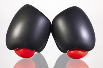 Red and black boxing gloves on a glass table isolated on white background