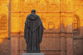 The priest statue in front of the New Cathedral of Salamanca, Spain, Europe