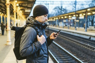 Sopot Railway station. traveler waiting for transportation. Travel concept. Man at the train
