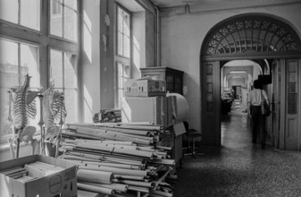 Germany, Berlin, 04.09.1991, grammar school in Dunckerstraße, school corridor with skeletons,