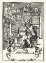Interior of a room with a young man courting for a rich old widow, anonymous French woodcut around