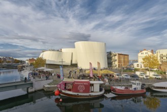 Fish sales on floating snack stalls in the harbour of Stralsund