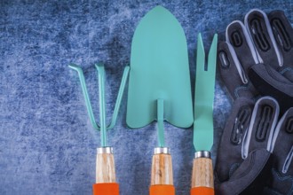 Metal rake trowel weeding scoop safety gardening gloves agriculture concept