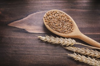 Wooden spoon with corns of wheat and ears on vintage board food and drink concept