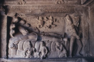 Close up of carving, Mahishasuramardini Mandapa, Mamallapuram, Tamil Nadu, India, Asia