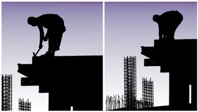 Construction workers put formwork and armature