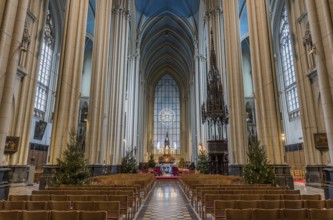 Belgium, 09 13 2019: Neo-gothic interior design of the roman catholic church of Our Lady of Laeken,