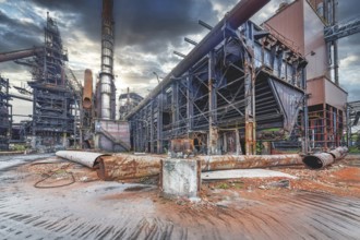 Old abandoned industrial site with rusted structures and empty spaces under a dramatic sky, HF6,