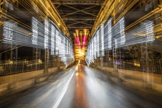 Illuminated bridge, Waasenbrücke, behind Schwammerlturm, night shot, zoom effect, Leoben, Styria,