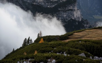 Mountain landscape with fog, late in the evening of the picturesque Dolomites at Tre Cime hiking