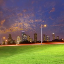 Houston sunset skyline from Memorial park at Texas US