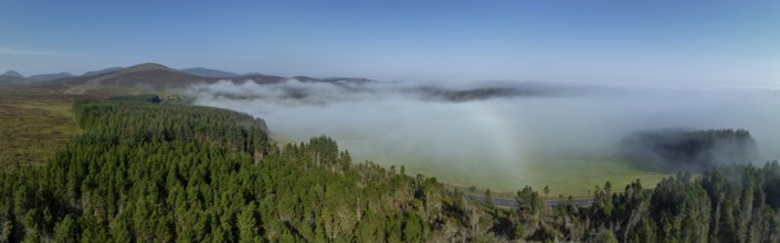 Coastal fog in the Scottish Highlands with hills, drone image, Broch of Ousdale, Berriedale,