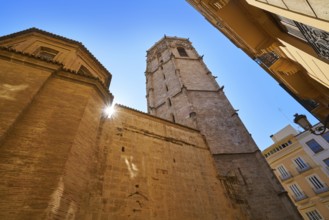 Valencia Plaza de la Virgen square and Miguelete tower and Cathedral at Spain