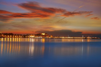 Denia sunset skyline from Las Rotas in Alicante of Mediterranean Spain