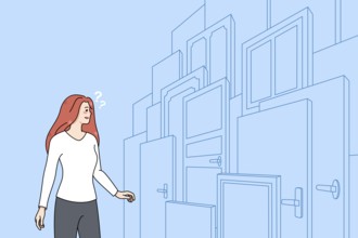 Confused woman in front of numerous doors find right solution or option. Frustrated female make