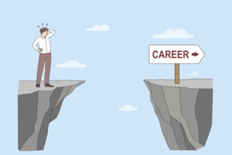 Confused businessman stand in front of cliff make risky business decision or choice. Frustrated man