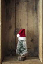 Christmas decoration Santa Claus hat and tree in a wooden box background
