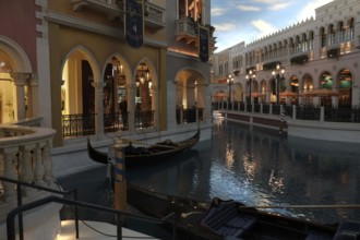 An attraction inside The Venetian hotel: gondolas on a canal lined with typical Venetian-style