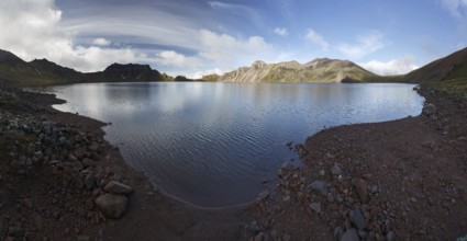 Panorama mountain landscape of Kamchatka Peninsula: beautiful summer view of crater lake of Khangar