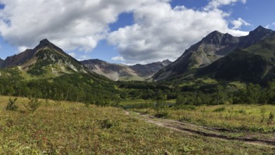 Scenery panoramic mountain landscape of Kamchatka Peninsula: early autumn view of Mountain Range