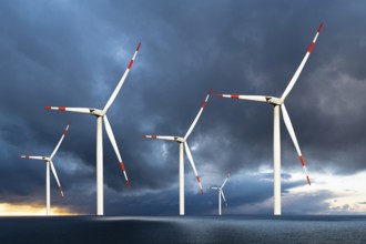 Wind turbines in the North Sea, thunderstorm, Lower Saxony, Federal Republic of Germany