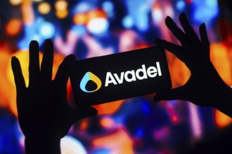 In this photo illustration, the Avadel Pharmaceuticals logo is displayed on a smartphone mobile