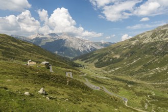 View of the hairpin bends of the Splügen Pass road, Splügen, Canton Graubünden, Switzerland, Europe