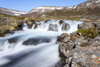 Magnificent stream of Dynjandi waterfall in the Westfjords, Iceland, Europe