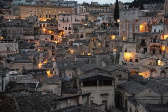 Scenic skyline of Sassi di Matera at night, Italy, Europe
