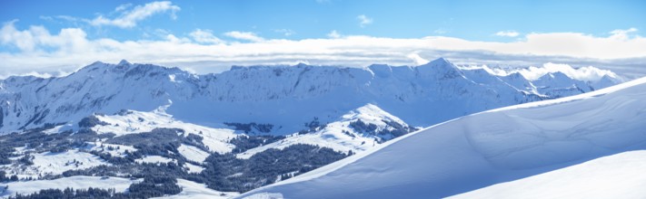 Beautiful panorama from the summit of Haengst close to Soerenberg, Switzerland. View over the karst