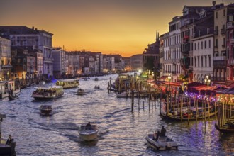 Evening view of the Grand Canal, on the right the Riva del Vin, jetty, gondolas, boats, Venice,