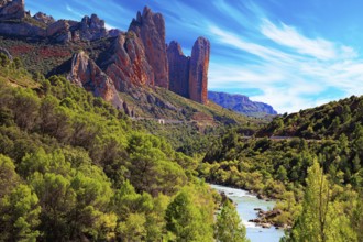The magnificent Mallets of Riglos. The river Gallego flows through the gorge. Aragon. Romantic trip