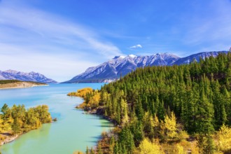 The picturesque Abraham lake in the mountain valley of the Rockies of Canada. Concept of active,