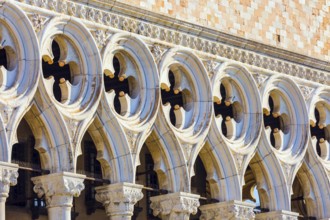 Doge's Palace is monument of Italian Gothic architecture. Decor element. Magical journey to