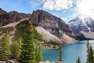 Canada. The most beautiful mountain lake Moraine. The lake water has a unique blue-azure color. The