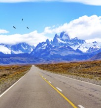 The road to the famous Mount Fitzroy. The famous peaked rock monoliths are illuminated by the sun.