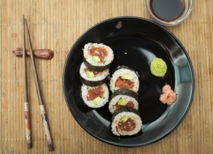 Plate of sushi in restaurant