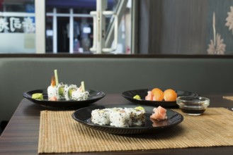 Plate of sushi in restaurant