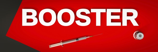 A Coronavirus vaccine booster syringe. 3D illustration