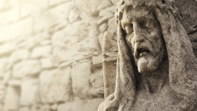 A Jesus stone head sculpture. 3D illustration