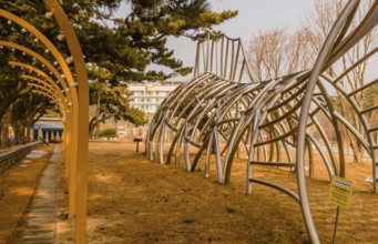 Buan Beach, South Korea, Jan. 5, 2023: Side view of metal sculpture of fish called Dream Fish by Ja