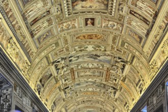 Vatican Museums, Vatican, Rome, Italy, Vaulted ceiling with detailed frescoes depicting historical