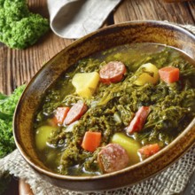 Rustic kale soup with meat and sausage