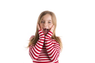 Blond indented kid girl open mounth and hands happy expression gesture on white