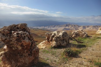 Gorgeous clear day in the Judean desert. Huge boulders along the roads, clear skies