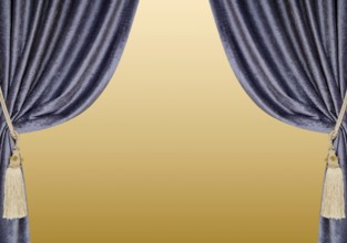 Grey blue curtains with supports and tassels over golden gradient