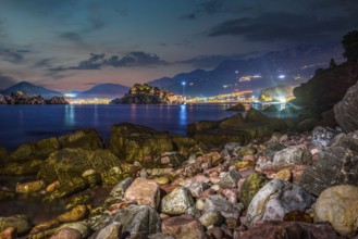 Night over stony sea shore in Sveti Stefan, Montenegro, Europe