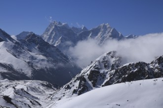 High mountains Kangtega and Thamseku in spring. View from Gokyo, Sagarmatha National Park, Nepal,