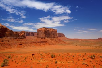 Iconic peaks of rock formations in the Navajo Park of Monument Valley in Utah
