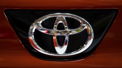 Sofia, Bulgaria - 3 June, 2022: Close-up of Toyota logo is seen on a car at Sofia Motor Show
